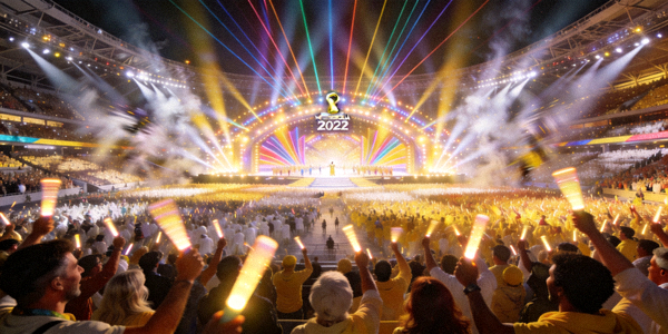 2022年某国际足球锦标赛大型开幕式现场灯光璀璨人潮涌动
