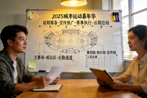 策划团队在会议室中讨论大型体育赛事活动方案的白板草图
