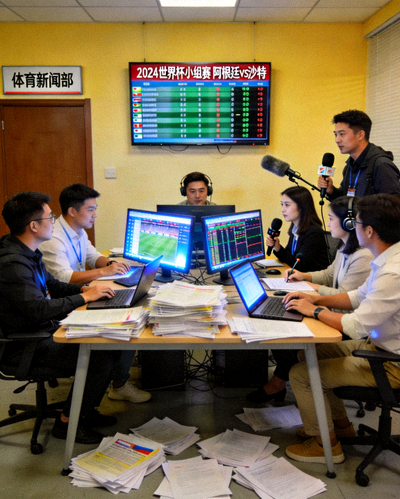 体育新闻编辑部内记者和编辑正在紧张工作处理最新赛事信息