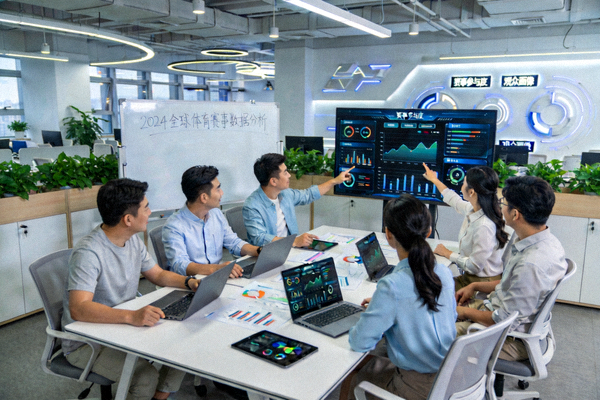 现代科技公司办公室内团队协作讨论体育数据项目的场景